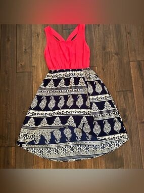 Event Bright Coral with Black & White Paisley with Sparkle Racerback Dress S